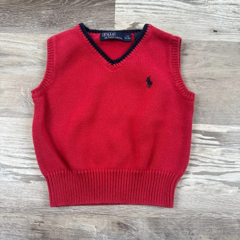 Vintage Polo Ralph Lauren Sweater Vest Red Cotton V Neck Preppy 90s
